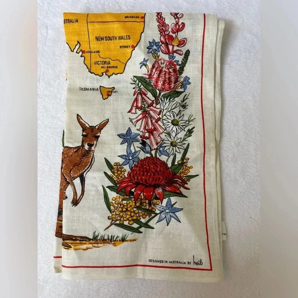 Vintage Map of Australia by HEIL Linen Tea Towel Wall Art Tapestry Linen Koala